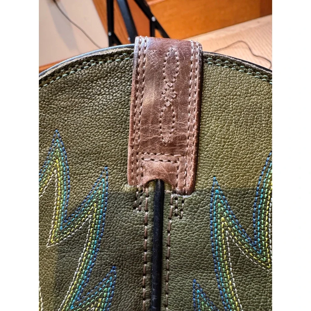 Ariat‎ Kids Square Toe Western Cowboy Boots Brown Green Stitching Pull-On size 4